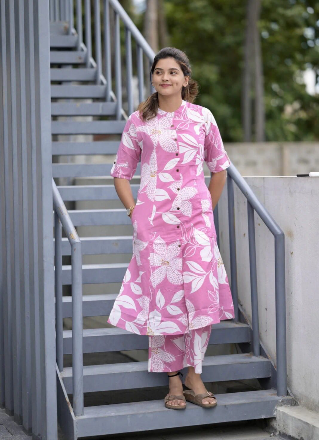 Floral Printed Button-Down Kurti Set